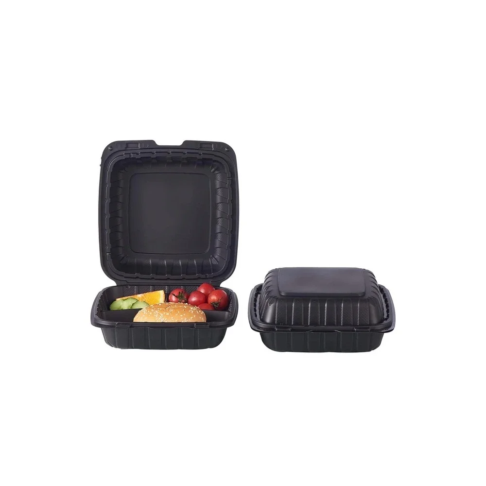 8x8 3-Compartment Plastic Clamshell Takeout Food Trays 50-Pack Black Togo Box